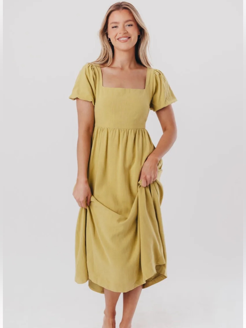 Ainsley Square Neck linen Midi Dress w/ Puffed Sleeves -Sweet Pea/ Bump Friendly